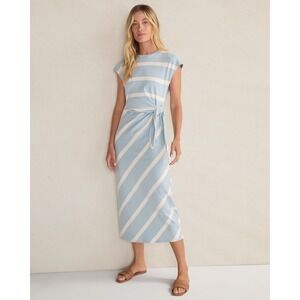 Haven Well Within Womens Blue Striped Tie Waist Midi Organic Cotton Dress M